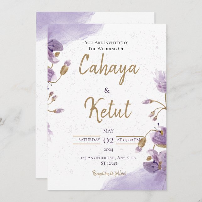 Purple White Floral Wedding Invitation (Front/Back)