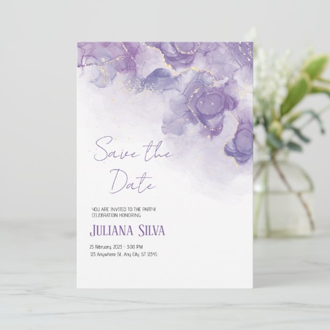 Purple White Floral Wedding Invitation (Standing Front)
