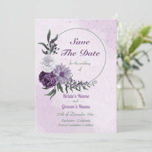 purple & white floral wreath save the date