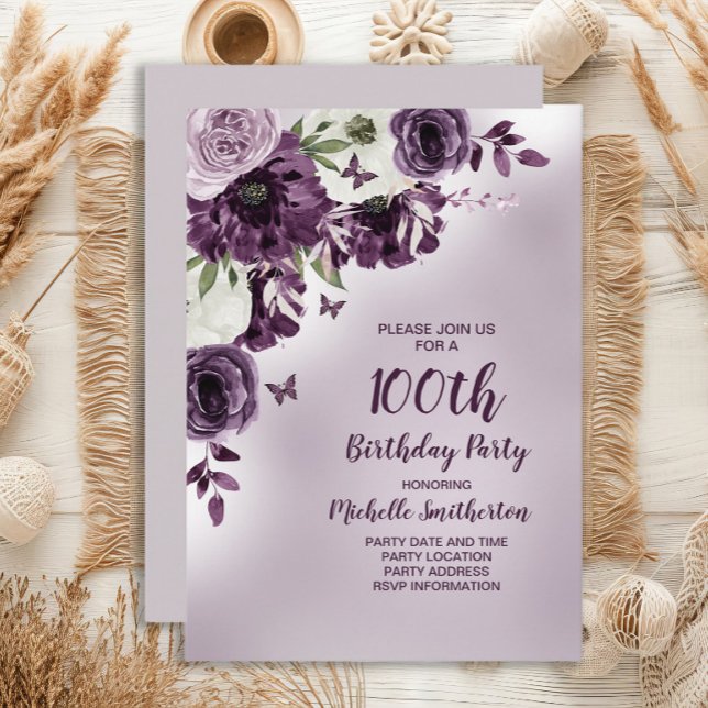 Purple White Flowers Butterflies 100th Birthday Invitation (Purple floral and butterflies 100th birthday party invitation)