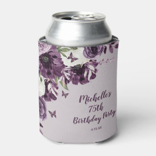 Purple White Flowers Butterflies 75th Birthday Can Cooler