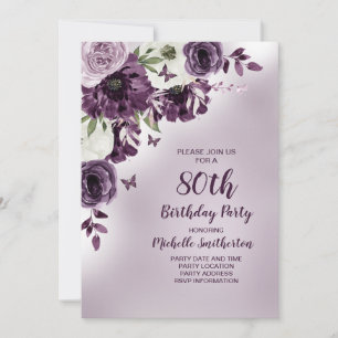 Purple White Flowers Butterflies 80th Birthday Invitation
