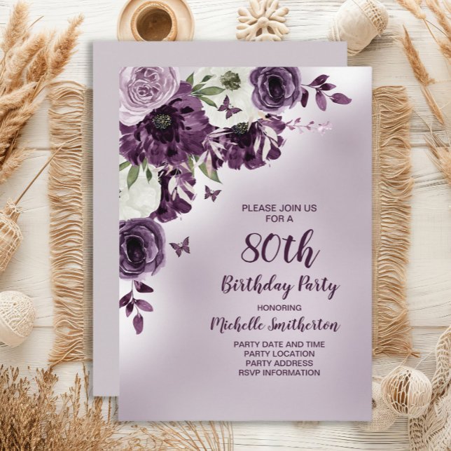 Purple White Flowers Butterflies 80th Birthday Invitation (Purple floral and butterflies 80th birthday party invitation)