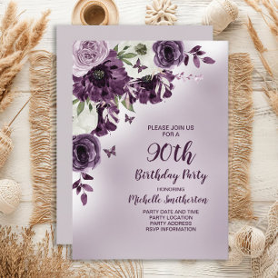 Purple White Flowers Butterflies 90th Birthday Invitation