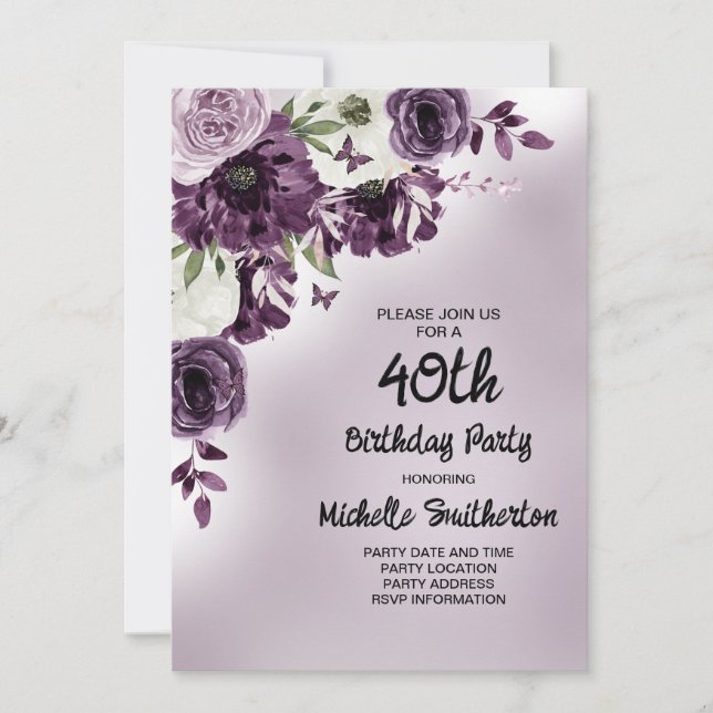 Purple White Flowers Butterflies Women's 40th Invitation (Front)