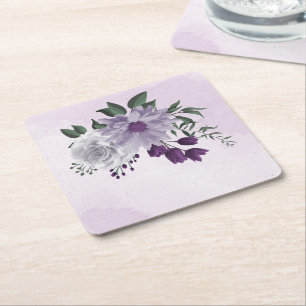 purple white flowers greenery  square paper coaster