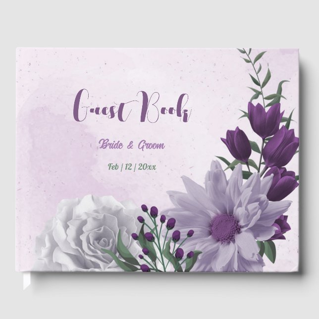 purple white flowers greenery wedding guest book (Front)