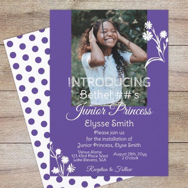 Purple, White Flowers & Polka Dots Princess Party  Invitation (purple floral installation invitation card, girl's youth organization job's daughter's international)