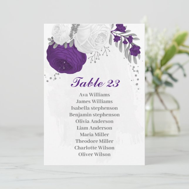 purple & white flowers silver seating chart card (Standing Front)