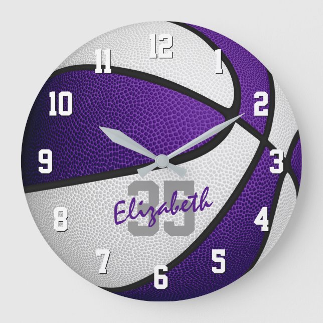 purple white girls boys basketball personalized large clock (Front)