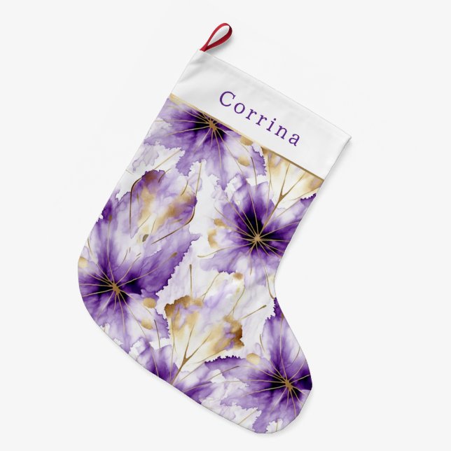 Purple White Gold Abstract Iris Floral Large Christmas Stocking (Front (Hanging))
