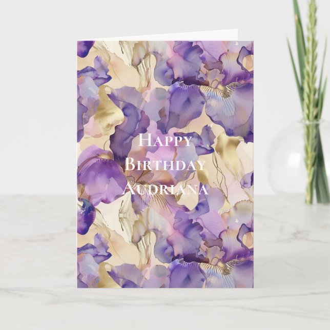 Purple White Gold Abstract Iris Flowers Birthday Card (Front)
