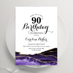 Purple White Gold Agate 90th Birthday Invitation<br><div class="desc">Purple,  white and gold agate 90th birthday party invitation. Elegant modern design featuring watercolor agate marble geode background,  faux glitter gold and typography script font. Trendy invite card perfect for a stylish women's bday celebration. Printed Zazzle invitations or instant download digital printable template.</div>