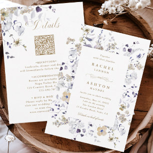 Purple White Gold Floral All in One Wedding  Invitation