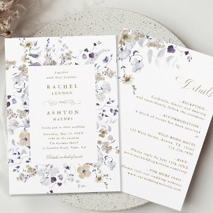 Purple White Gold Floral All in One Wedding  Invitation
