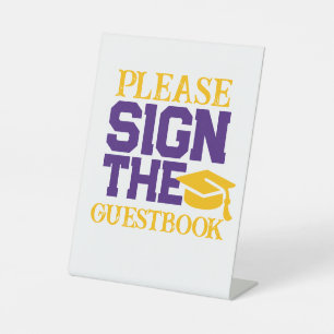 Purple, White & Gold Guestbook Graduation Table Pedestal Sign