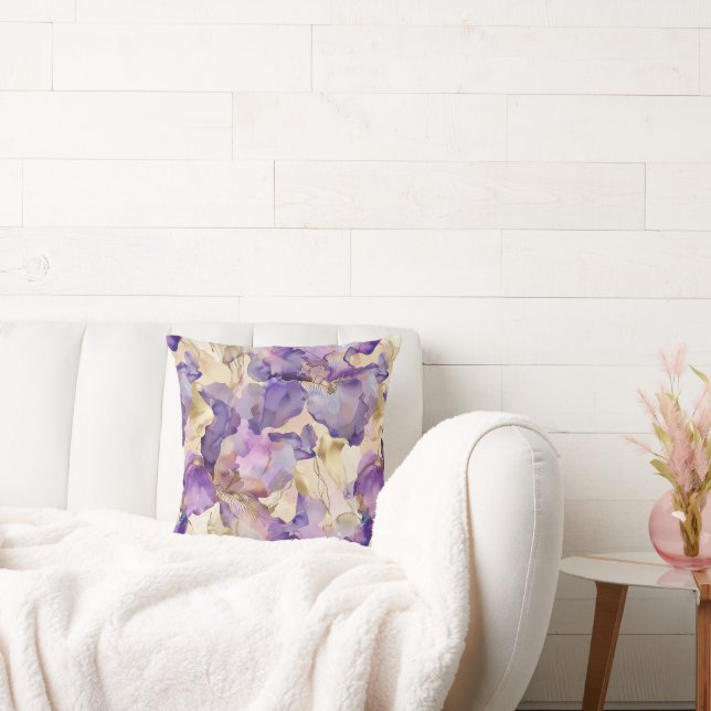 Purple White Gold Iris Floral Abstract Throw Pillow (Couch)