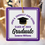 Purple White Graduate 2023 Personalized Christmas Ceramic Ornament<br><div class="desc">This modern purple and white custom graduate Christmas ornament feature classy typography of your university or college name for the class of 2023. Customize with your graduating year next to the chic handwritten script and black grad cap for a great personalized congratulations graduation gift.</div>