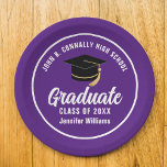Purple White Graduate Custom 2025 Graduation Party Paper Plate<br><div class="desc">This modern purple and white custom graduation party paper plate features classy typography of your high school or college name for the class of 2025. Customize with your graduating year under the chic handwritten script and black grad cap for great personalized graduate decor.</div>