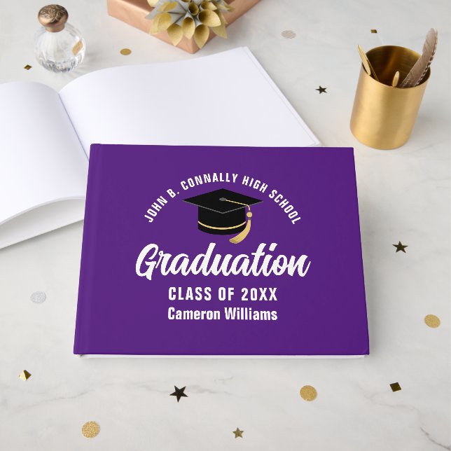 Purple White Graduate Customized Graduation Party Guest Book (Front Open)