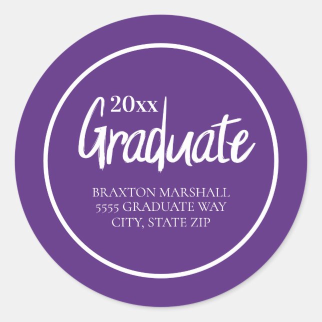 Purple White Graduation Year Name Address Classic Round Sticker (Front)