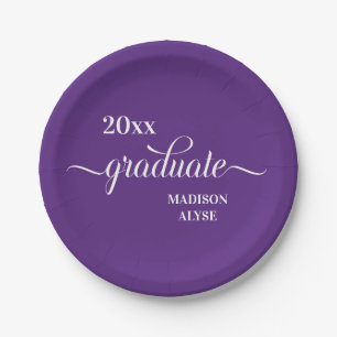 Purple White Graduation Year Name Paper Plate
