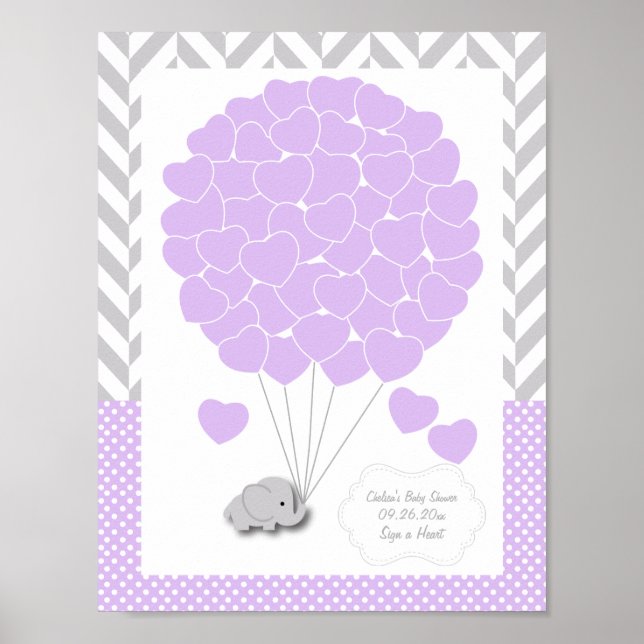 Purple, White Gray Elephant Baby Shower 2 - Guest Poster (Front)