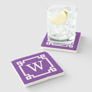 Purple White Greek Key Frame #2 Initial Monogram Stone Coaster