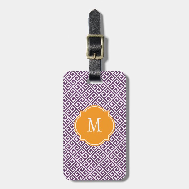 Purple & White Greek Key Monogram Luggage Tag (Front Vertical)