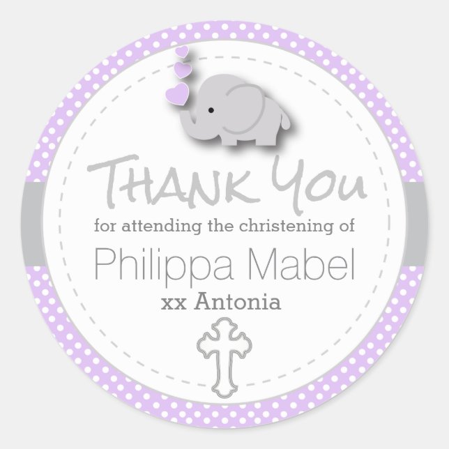 Purple, White, Grey 🐘 Elephant Baby Christening Classic Round Sticker (Front)