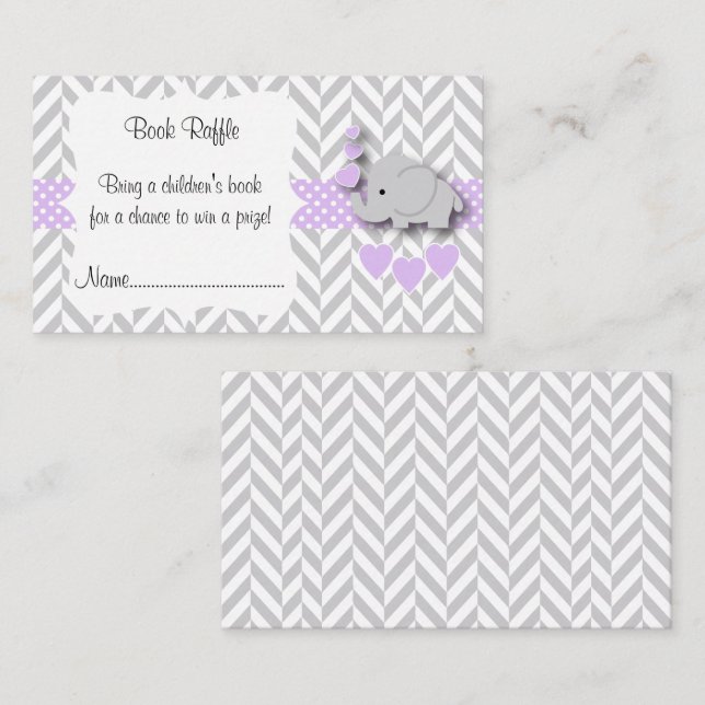 Purple White Grey Elephant Baby Shower Book Raffle Enclosure Card (Front/Back)