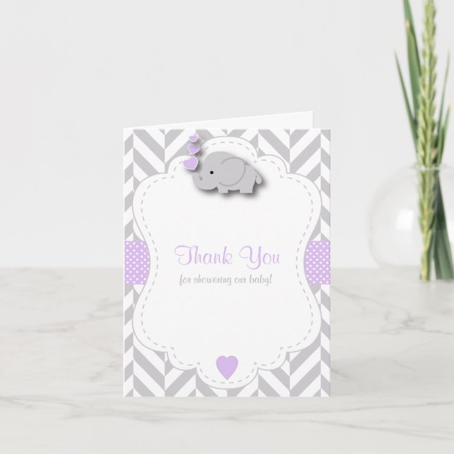 Purple, White Grey Elephant Baby Shower Thank You (Front)
