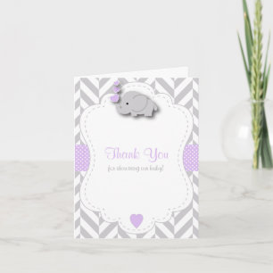 Purple, White Grey Elephant Baby Shower Thank You Card
