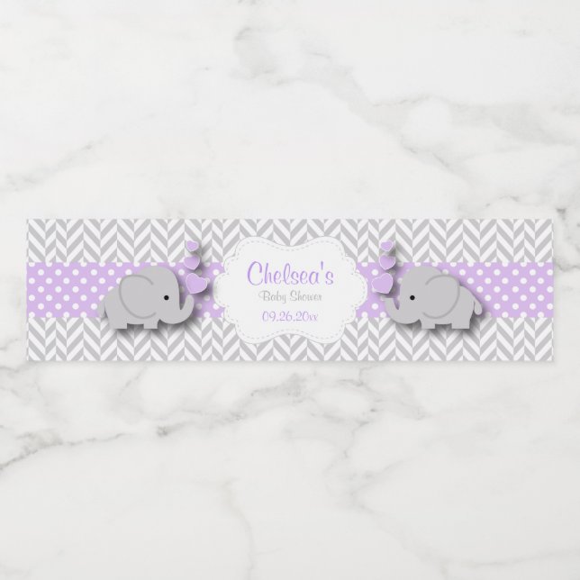 Purple, White Grey Elephant Baby Shower Water Bottle Label (Single Label)