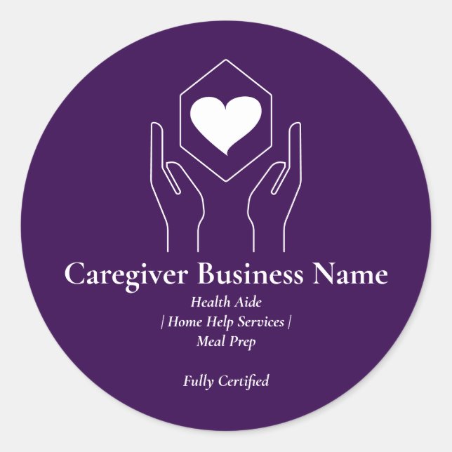 Purple White Hand Heart Caregiver elder Classic Round Sticker (Front)