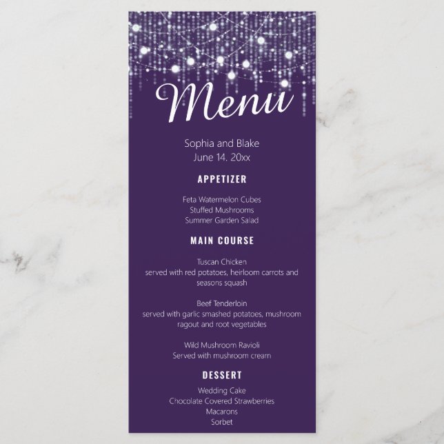 Purple & White Hanging Lights Wedding Flat Menu (Front)