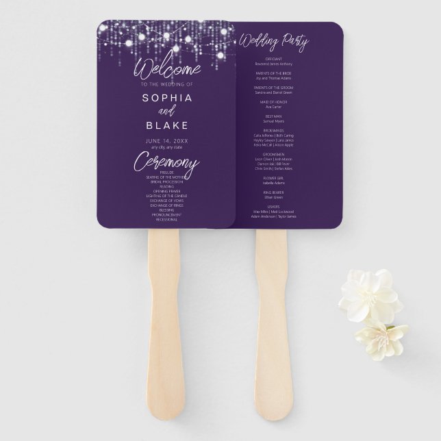 Purple & White Hanging Lights Wedding Program Hand Fan (Front and Back)