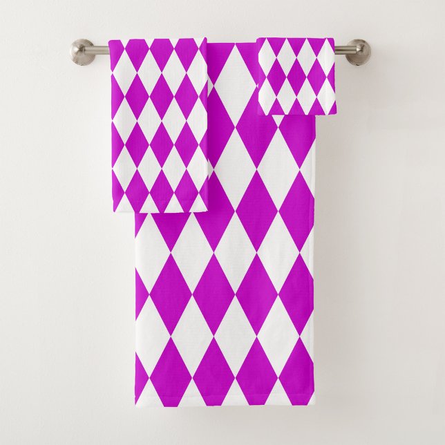 Purple White Harlequin Diamonds Checkers Design  Bath Towel Set (Creator Uploaded)