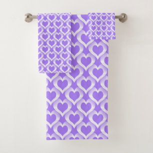 Purple White Hearts Pattern Bath Towel Set