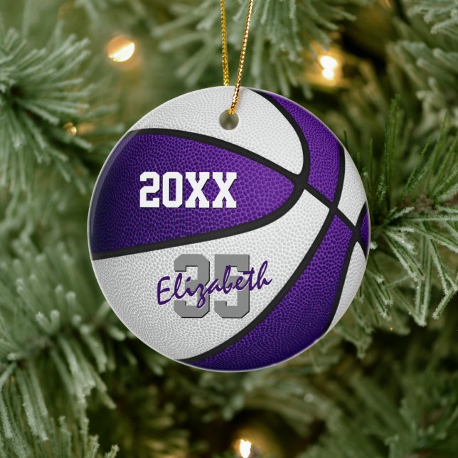 purple white her his basketball team memento ceramic ornament (Tree)