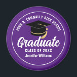 Purple White High School Graduate 2025 Graduation Magnet<br><div class="desc">This modern purple and white custom senior graduate magnet features classy white typography of your high school or college name for the class of 2025. Customize with your graduating year under the chic black handwritten script and black grad cap for a great personalized graduation keepsake gift.</div>