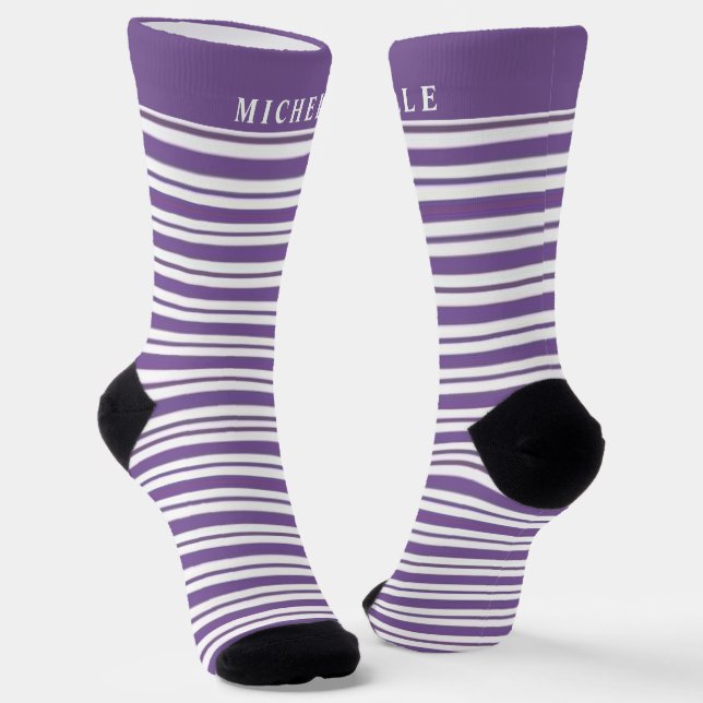 Purple White Horizontal  Striped For Custom Name  Socks (Angled)