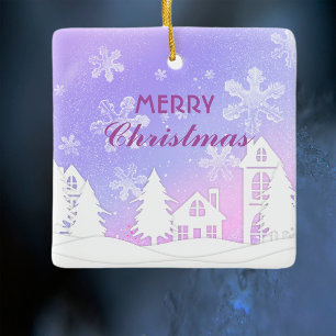 Purple White House Snowflakes Xmas New Year 2023  Ceramic Ornament