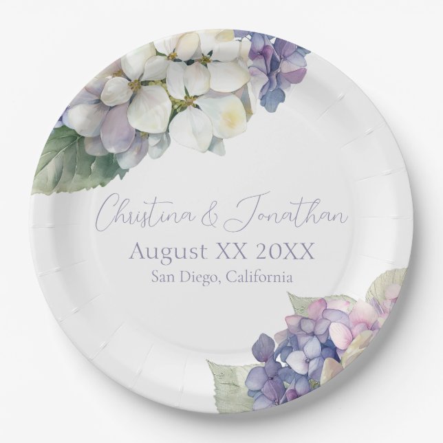 Purple & White Hydrangea Flowers Paper Plate (Front)