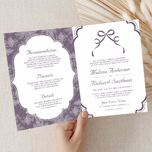 Purple White Lace Coquette Bow QR Code Wedding Invitation