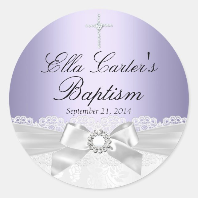 Purple White Lace & Cross Baptism Sticker (Front)