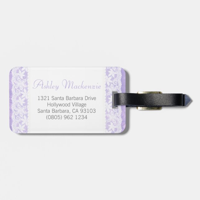 Purple & white lace named luggage tag (Back Horizontal)