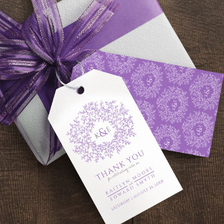 Purple white leaf monogram wedding favour gift tags
