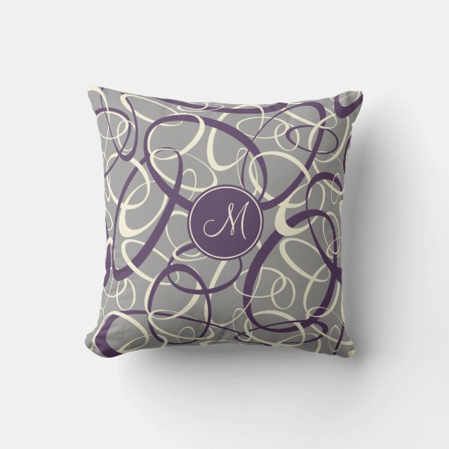 purple white loops on grey geometric pattern throw pillow (Front)