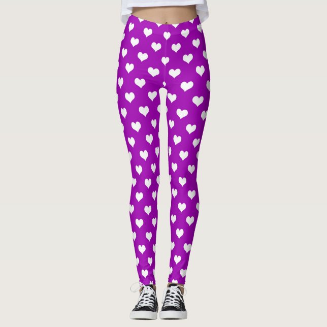 Purple White Love Heart Pattern Design  Leggings (Front)